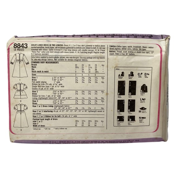 Vintage Simplicity Girl’s Dress Pattern #8843 Size 4 - Picture 2 of 3